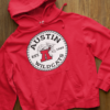 Austin Wildcats Est 1989 logo on red hoodie
