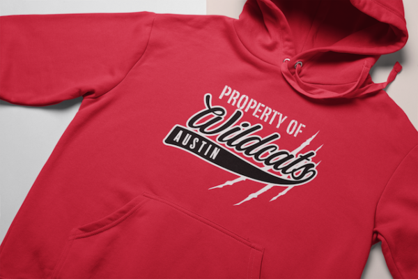 Property of Austin Wildcats shown on Red Hoodie