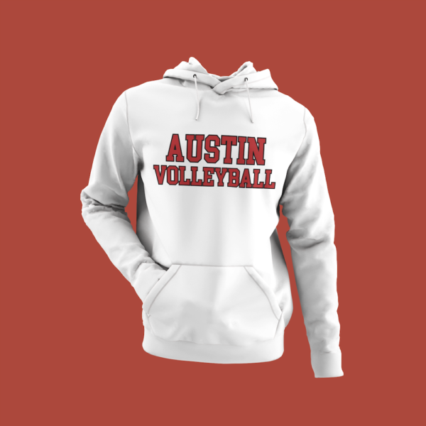 Austin Volleyball Logo shown on white hoodie
