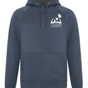 St Elizabeth Staff Hoodie showing adult hoodie with embroidered staff logo on navy heather