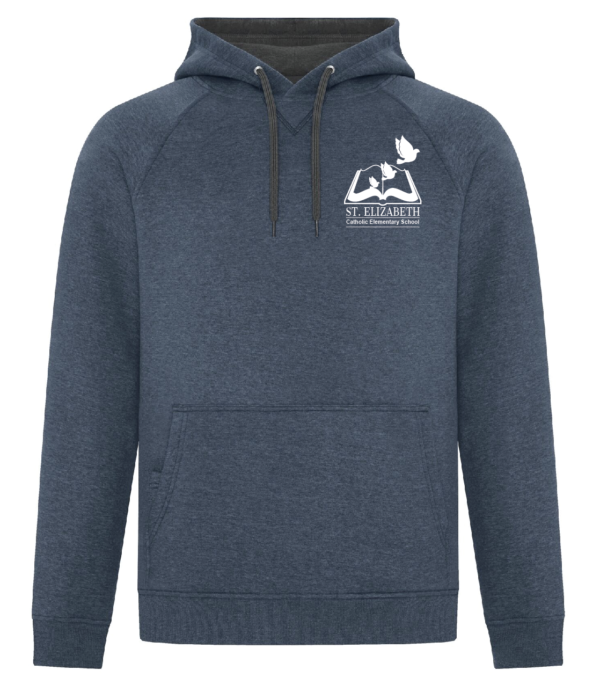St Elizabeth Staff Hoodie showing adult hoodie with embroidered staff logo on navy heather