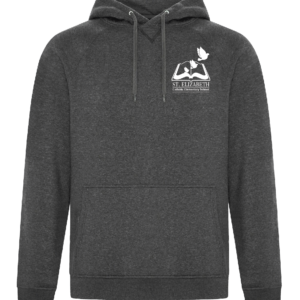 St Elizabeth Staff Hoodie showing adult hoodie with embroidered staff logo on charcoal heather