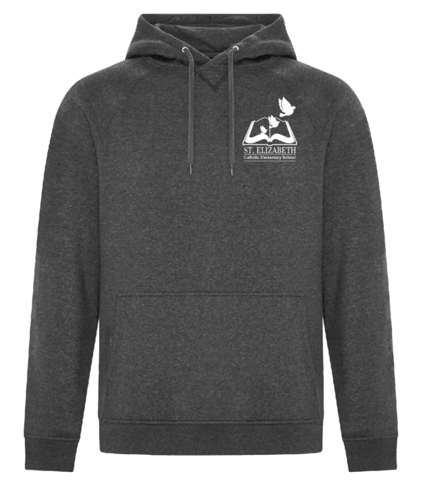 St Elizabeth Staff Hoodie showing adult hoodie with embroidered staff logo on charcoal heather