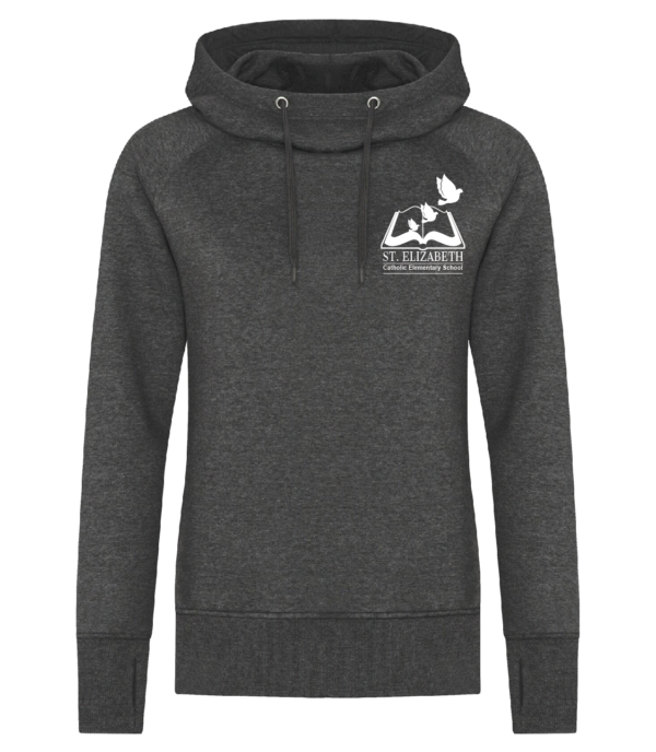St Elizabeth Staff Hoodie showing ladies hoodie with embroidered staff logo on charcoal heather