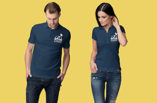 St. Elizabeth Staff Performance Polo shown in navy on both a male and femal model
